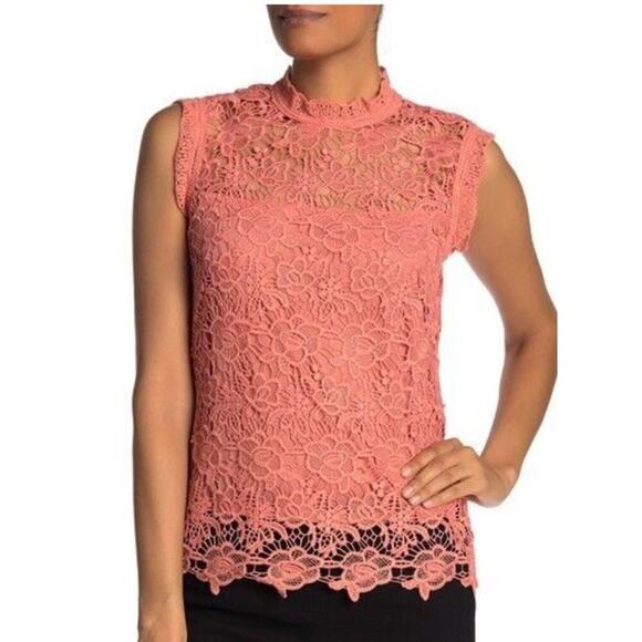 NWT NANETTE Nanette Lepore Pink Coral Lace Mock Neck Elegant Tank Top $98 Small - Picture 1 of 11